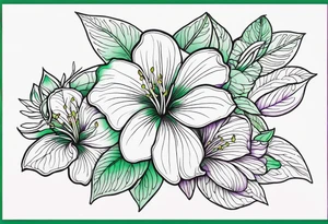 An outline of a rio dipladenia flower with a splatter green and purple background tattoo idea