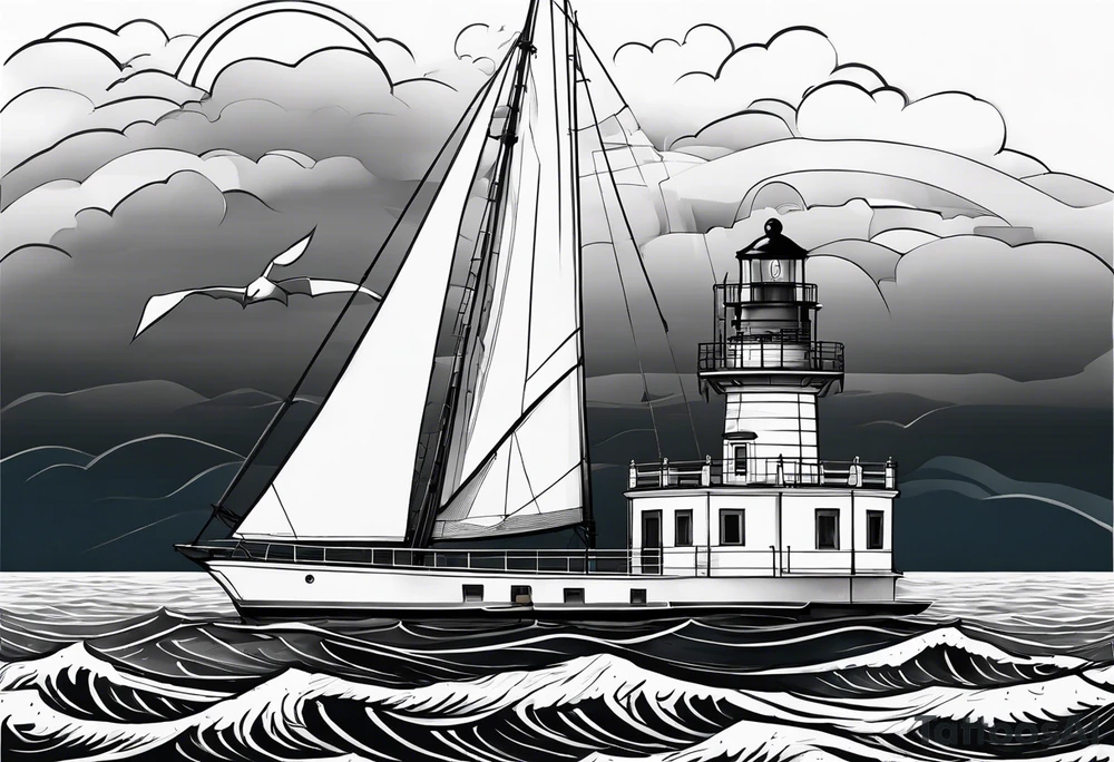 maritime lighthouse partially hidden by its large fixed sail. calm sea reflection. tattoo idea