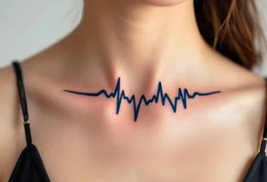 A minimalist navy blue line wave pulses across the collarbone like a heartbeat. tattoo idea