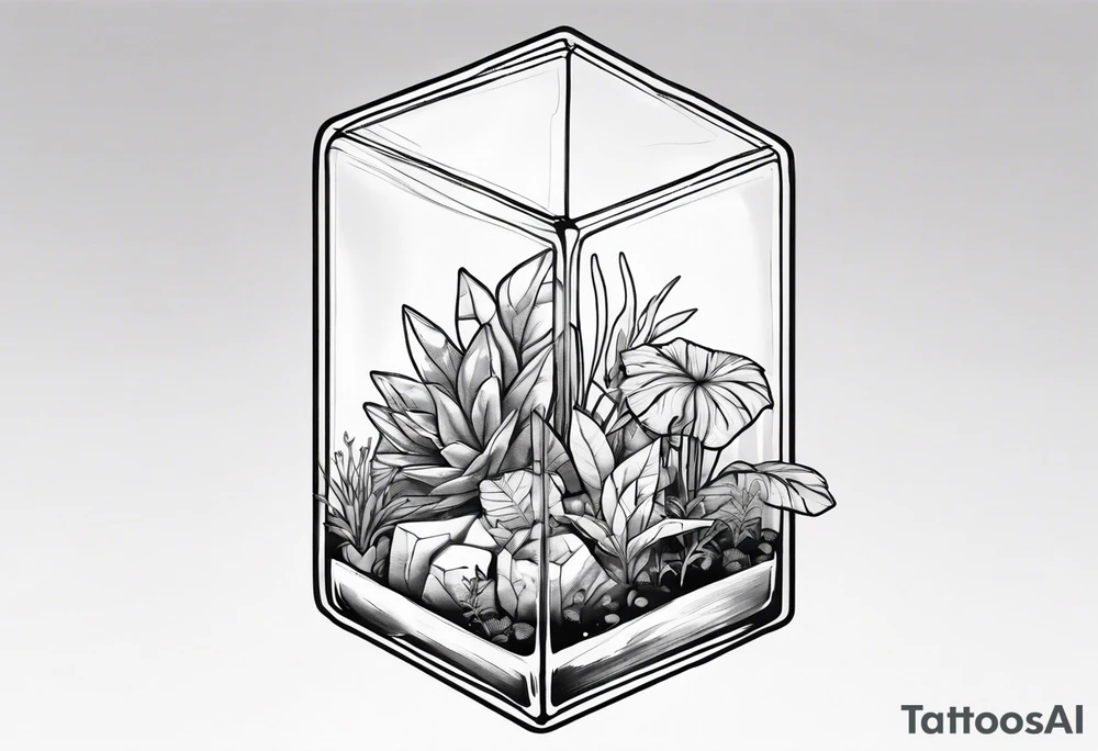 A terrarium in the shape of a cuboid with a single plant inside it. tattoo idea