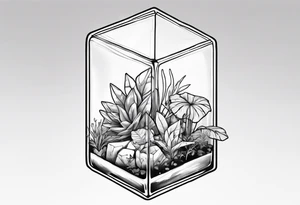 A terrarium in the shape of a cuboid with a single plant inside it. tattoo idea