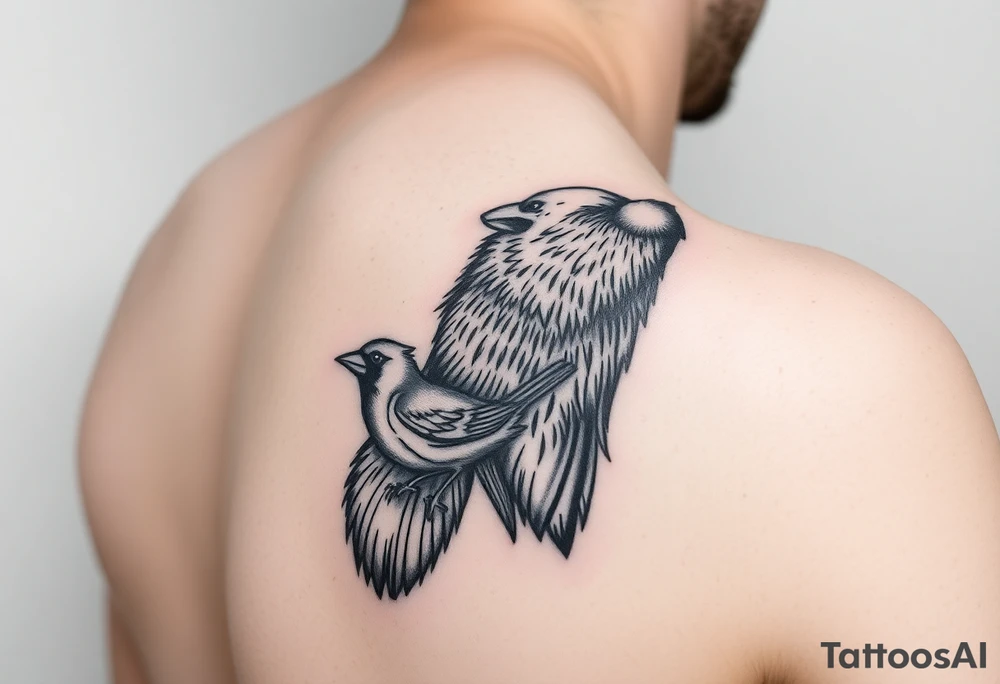 A cover up on the right inner forearm of a bear, a cardinal and a woodpecker tattoo idea
