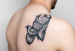 A cover up on the right inner forearm of a bear, a cardinal and a woodpecker tattoo idea