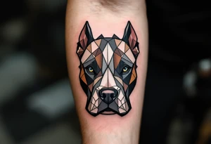 Geometric pitbull head design, sharp black lines, divided into sections with shades of gray, deep brown, and white. tattoo idea