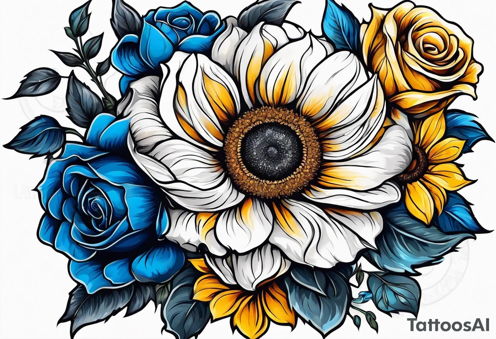 flower rose and blue, sunflower, tattoo idea