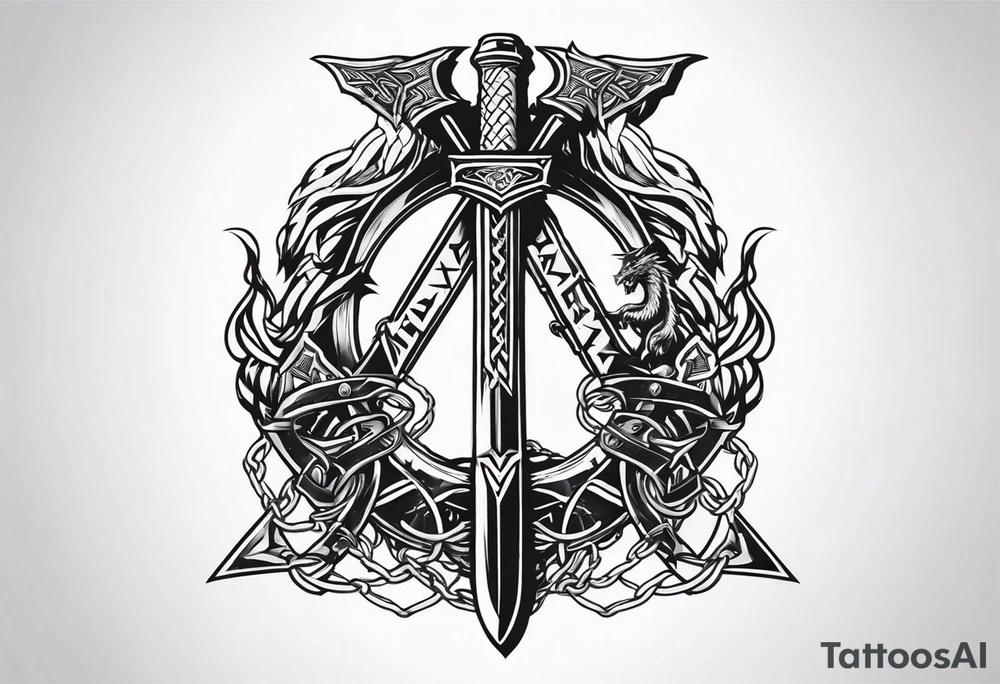 Valhalla sword shield axe barbed wire chains valknut fire dragon tattoo idea Valhalla sword shield axe barbed wire chains valknut fire dragon tattoo idea