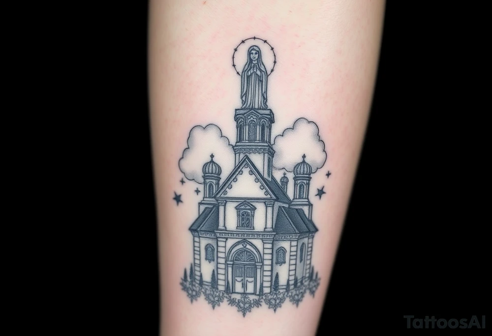 in a dorsal view a detailed orthodox church shrouded with a mist above and fading into a virgin mary overlooking above at the top tattoo idea