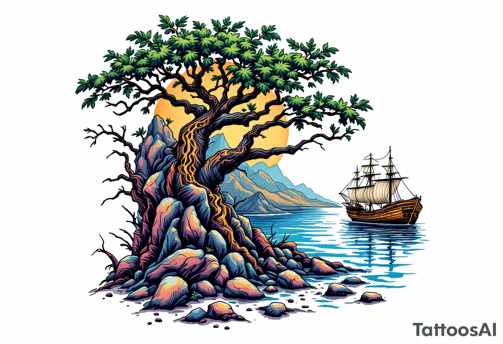 tattoo that has an acacia tree with mountains, ocean with a ship wreck tattoo idea