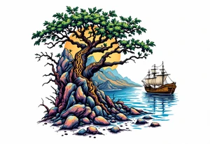 tattoo that has an acacia tree with mountains, ocean with a ship wreck tattoo idea