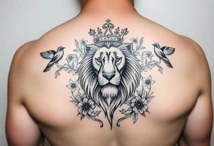 powerful majestic lion with a crown, surrounded by floral ornaments and birds tattoo idea