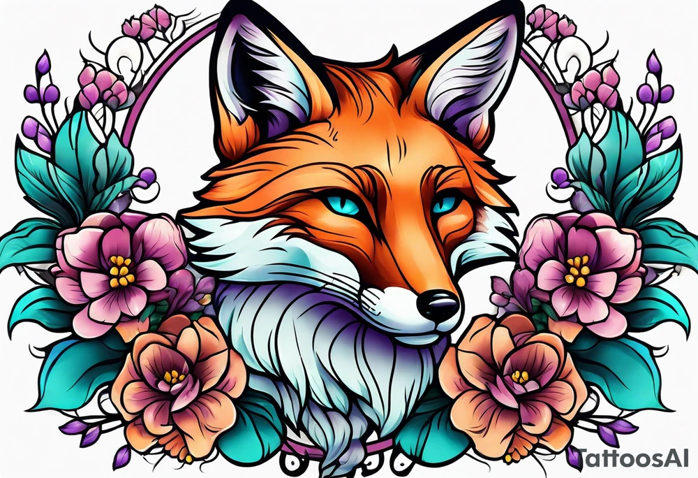 Neo traditional fox with violets and teal frame tattoo idea