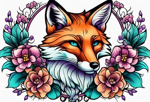Neo traditional fox with violets and teal frame tattoo idea