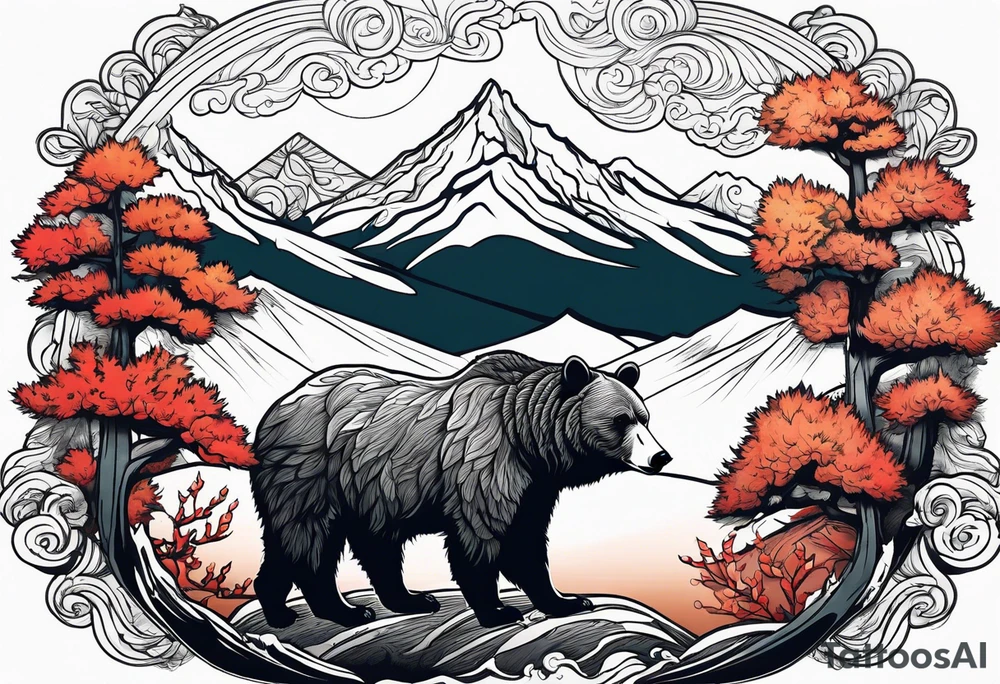 Bear in the mountains, hunting elk and deer tattoo idea