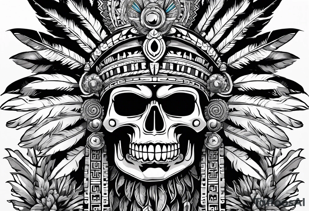 aztec god of death Mictlantecuhtli with long feathers around his head and skull as a head tattoo idea