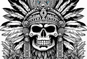 aztec god of death Mictlantecuhtli with long feathers around his head and skull as a head tattoo idea