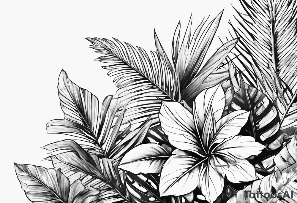 Tropical leaves line work tattoo idea