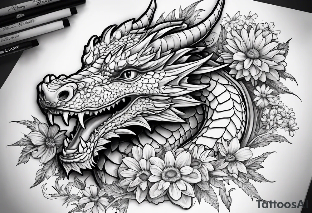 Dragon with daisies and name Liam carter tattoo idea