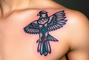 An Egyptian Falcon (Horus) Carrying a Rosary (only red , blue and black are possible colors) tattoo idea