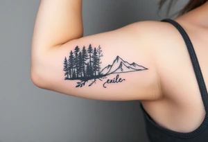 Fractured scene: dark, tangled forest on one side, open mountain range on the other. Split but connected. Word "Exile" added very small and blended in tattoo idea