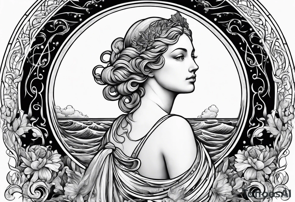 Goddess Venus full body standing in ocean tattoo idea