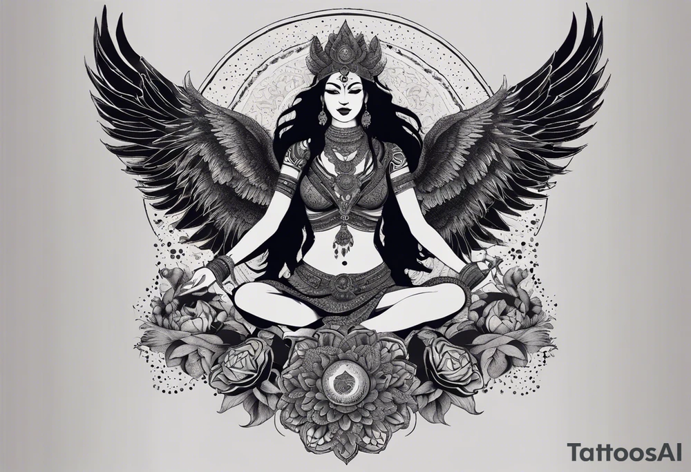 black kali, goddess pirate, alien, angel, pachamama, valkrye, warrior, flying, skull, lotus azul, wing, eagle, zenza resonance, stars, 5D, anahata chakra, death, durga, riding on a tiger, flying lady, kundalini, chest tatoo, samuri, rebel,s erpent tattoo idea