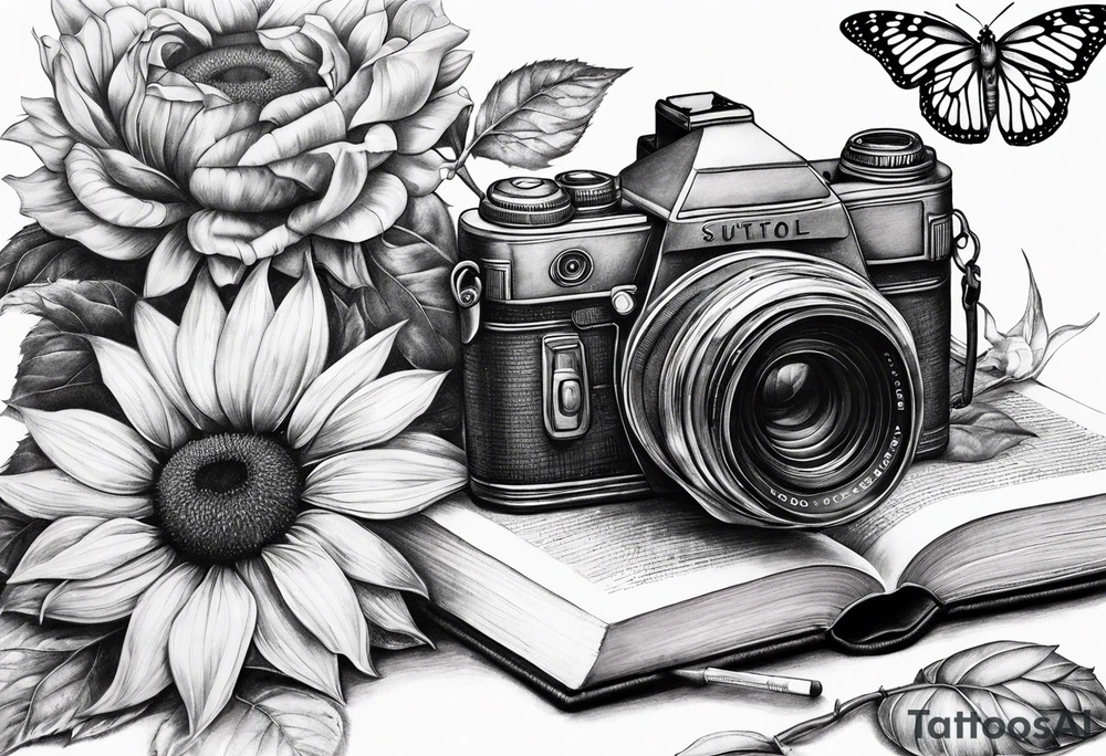 sunflower, camera, flower rose , book, butterfly tattoo idea sunflower, camera, flower rose , book, butterfly tattoo idea