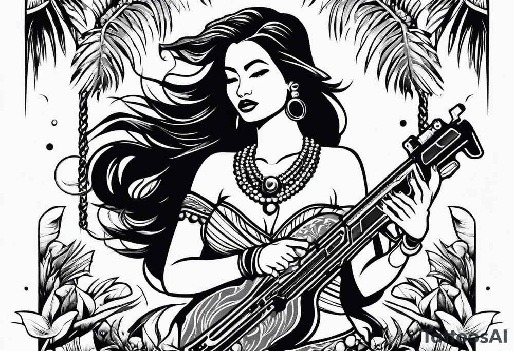 old school hula girl of tahiti who dance with famas gun tattoo idea