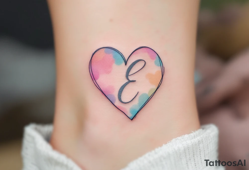 A soft pastel heart outline with a handwritten letter "E" in light grey ink, creating a delicate and airy aesthetic. tattoo idea