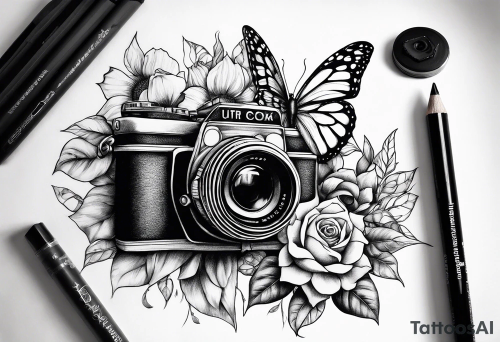 Butterfly, sunflower, camera, book, flower rose tattoo idea Butterfly, sunflower, camera, book, flower rose tattoo idea