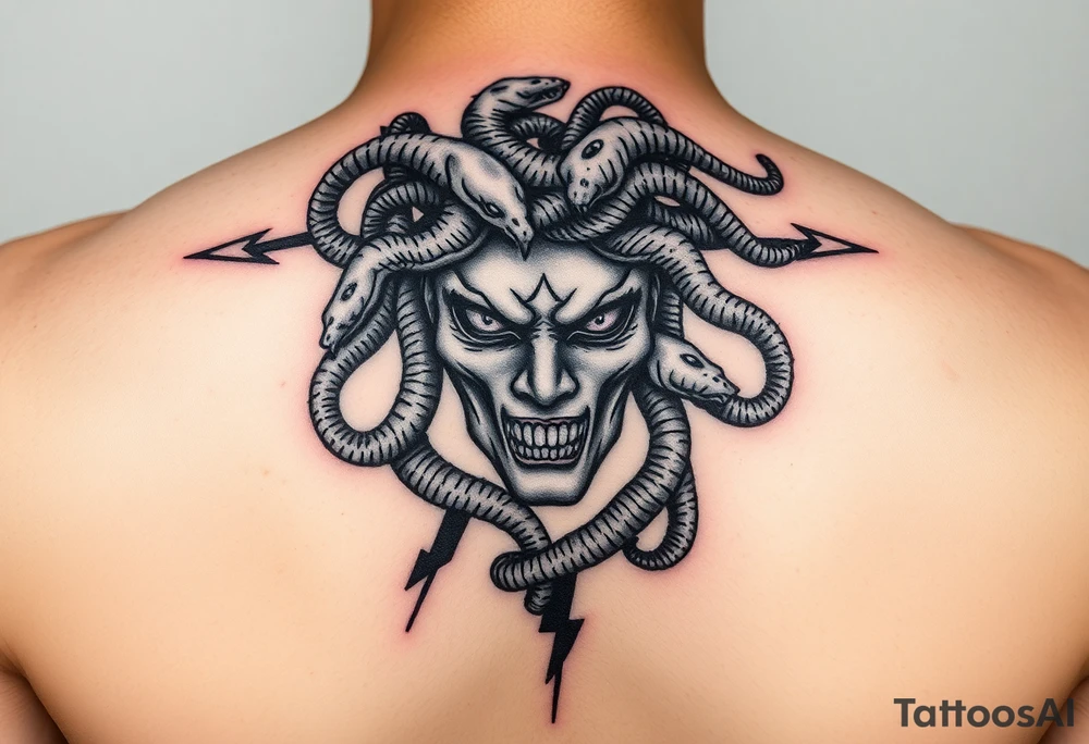 detailed female Medusa Head containing snakes and surrounded by lightnings black color and on the outer forearm tattoo idea