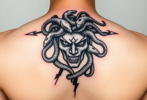 detailed female Medusa Head containing snakes and surrounded by lightnings black color and on the outer forearm tattoo idea