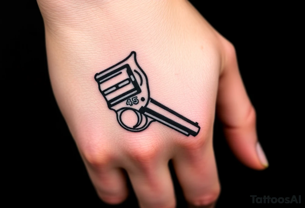 Actual size Revolver .45 caliber elegant but simple art work on gun. With fingers being the barrel and, butt of gun towards wrist. tattoo idea