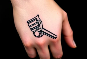 Actual size Revolver .45 caliber elegant but simple art work on gun. With fingers being the barrel and, butt of gun towards wrist. tattoo idea