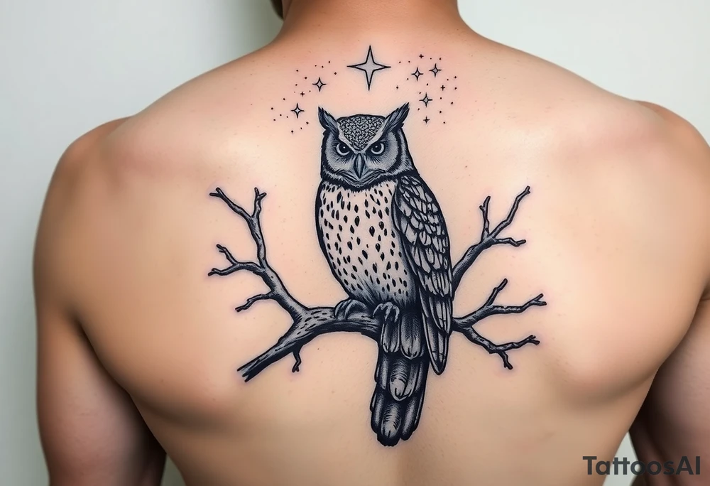 wise owl perched on ancient oak branch under starlit sky tattoo idea