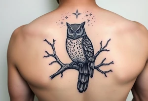 wise owl perched on ancient oak branch under starlit sky tattoo idea