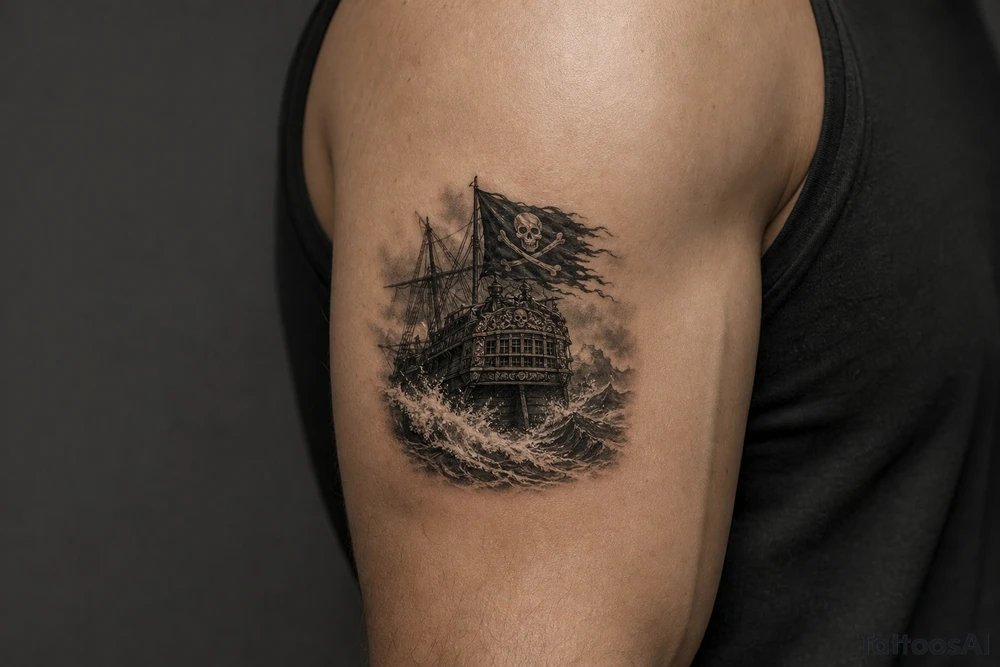 Detailed pirate ship stern, waves crashing over deck, tattered Jolly Roger flag. tattoo idea