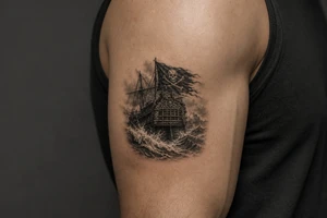 Detailed pirate ship stern, waves crashing over deck, tattered Jolly Roger flag. tattoo idea