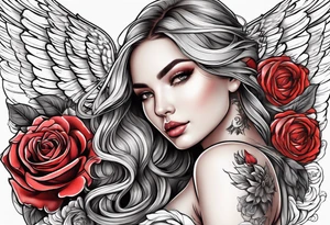 Beautiful woman angle with wings standing from head to toe imagine surrounded by roses tattoo idea