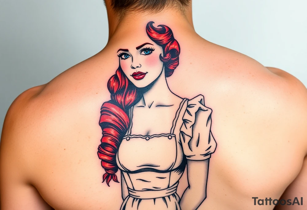 Traditional pin up girl with red hair and blue eyes and wearing a milkmaid maid style dress tattoo idea
