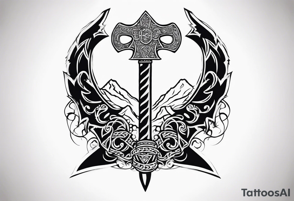 Valhalla sword dragon head axe viking church tattoo idea