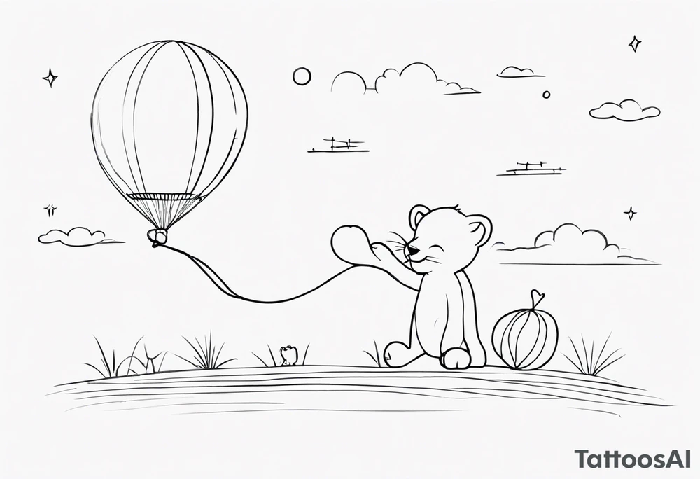 tatoo in sketch style only.
A little lion boy is holding a string to the hearth shaped small party baloon.
lion boy should be drawed from behind and has one hand reaching up in 45 degree angle and holding the baloon string
On the string is a wave which look like a hearbeat pulse.
draw it without any scenery, without any background. Just a boy 
Add heartbeat pulse on the string tattoo idea