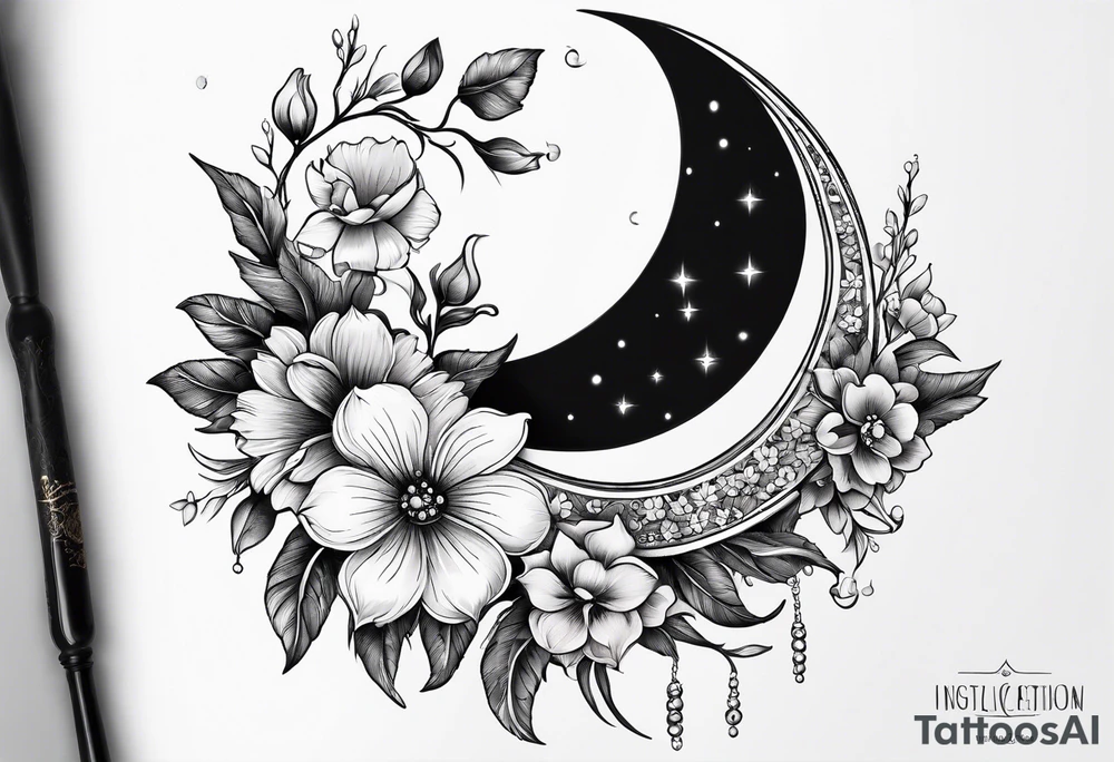 Crescent moon with flowers and beading tattoo idea