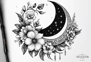 Crescent moon with flowers and beading tattoo idea