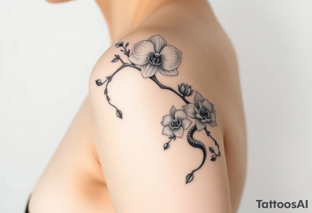 Orchid or cherry blossom tree and lotus and snake and angels on a woman tattoo idea