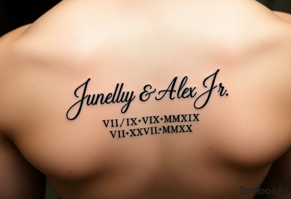 Junelyn & Alex Jr in cursive font with dates VI·IX·MMXIX VII·XXVII·MMXX tattoo idea