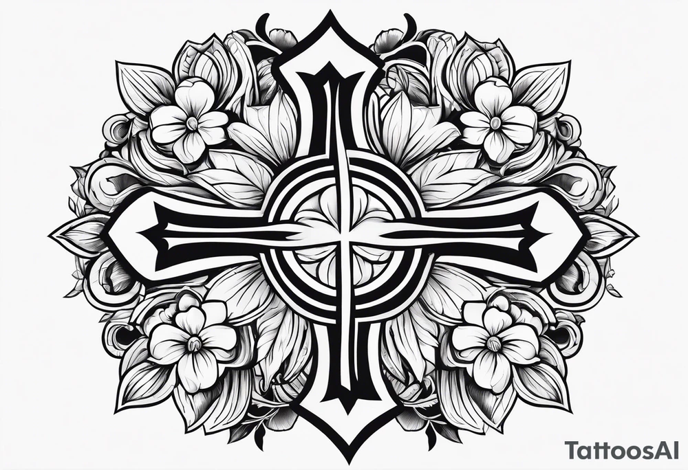 A wood plain Christian cross with 3 large flowers surrounding it tattoo idea