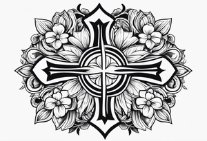 A wood plain Christian cross with 3 large flowers surrounding it tattoo idea