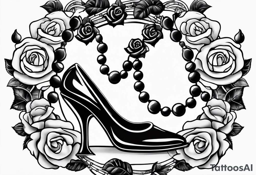 Pearl necklace wrapped around 1950s pinup pumps with roses surrounding tattoo idea