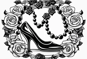 Pearl necklace wrapped around 1950s pinup pumps with roses surrounding tattoo idea