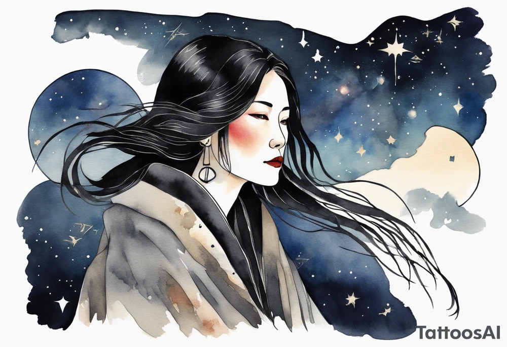a beautiful 50-year-old Dakota woman wearing black cloak with the night sky in the background tattoo idea